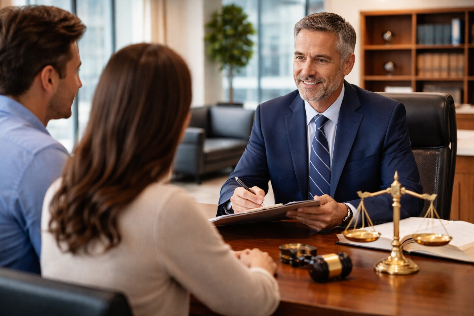 The image depicts a professional meeting setting, featuring a businessperson in a suit engaged in a discussion at a table. This environment is typical for criminal defense attorneys who often meet with clients to strategize and discuss legal matters.